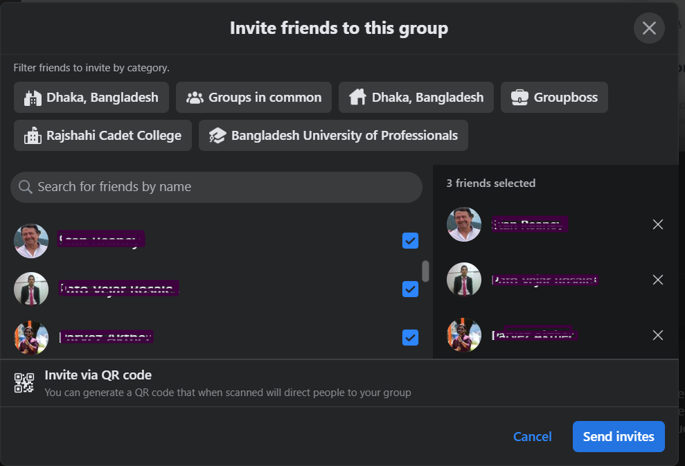 Select and invite friends in Facebook group