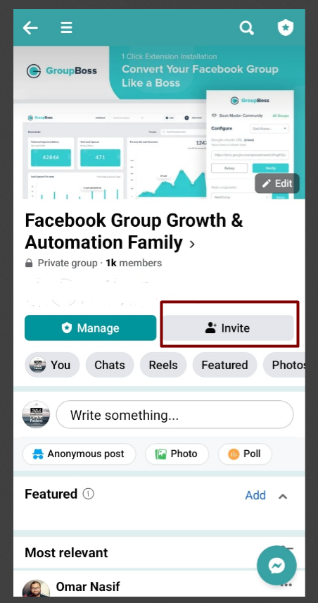 Facebook group homepage with Invite button marked.