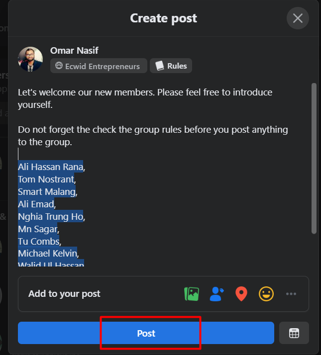 Step three to create welcome post in Facebook group