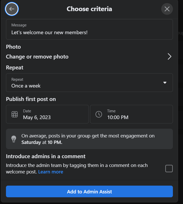 How to post weekly Facebook group welcome post