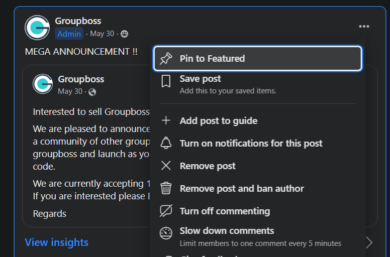 Facebook group pinned post