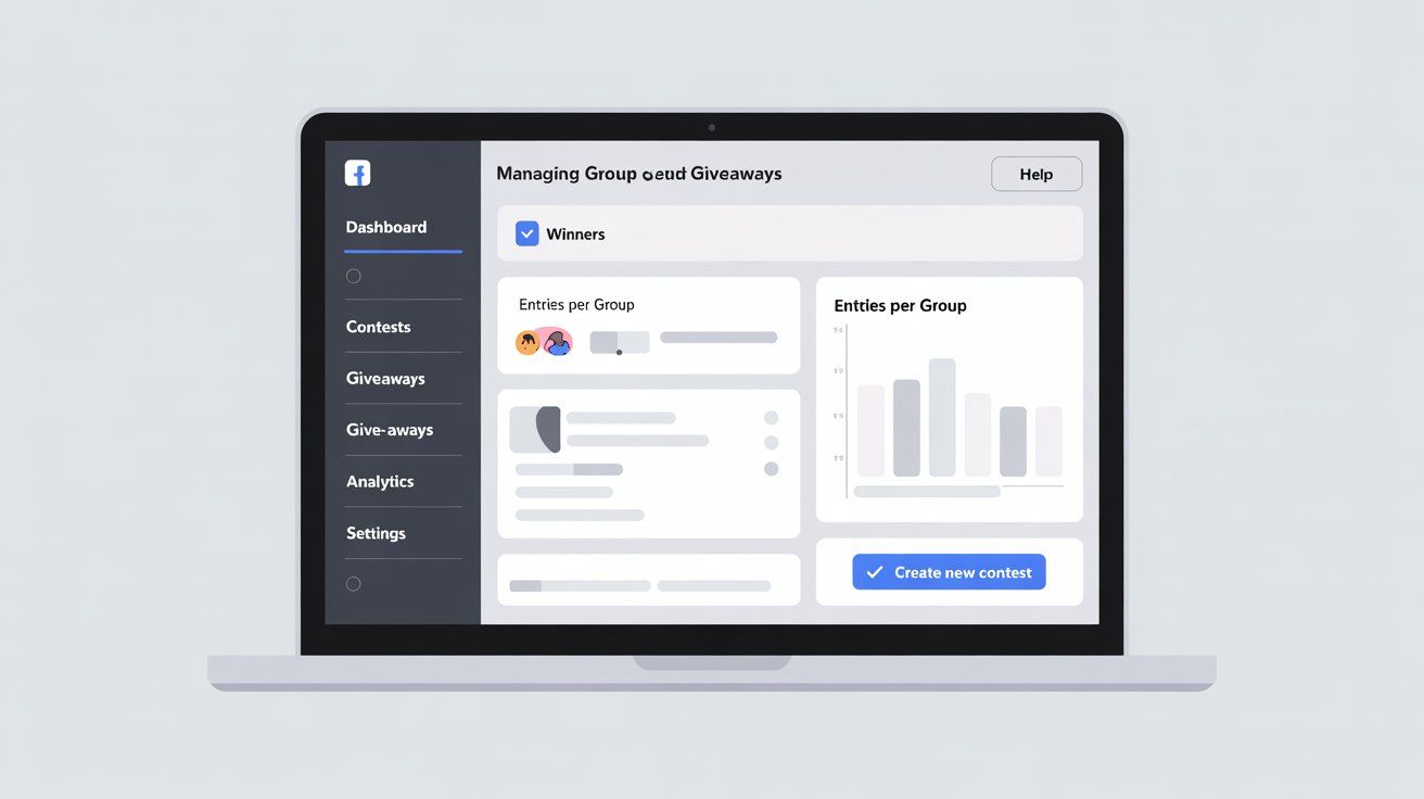 Facebook group contests and giveaways in a laptop's Facebook group dashboard.