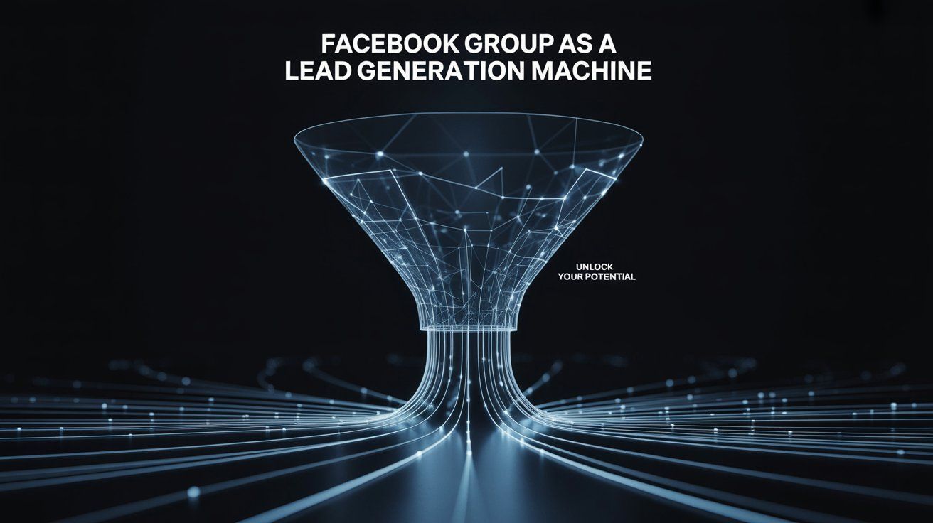 An image illustrating a funnel and written at the top Facebook group as a lead generation machine.