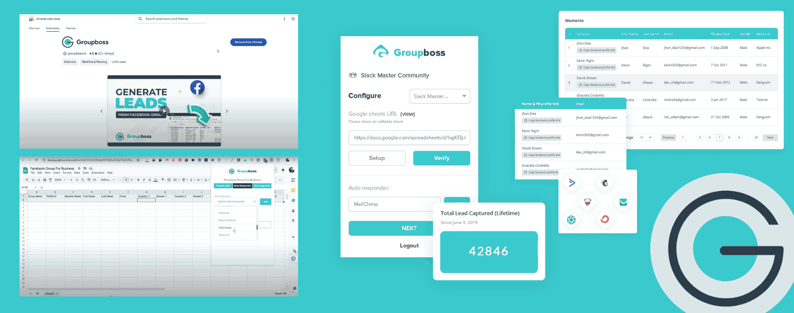 One of the best social media automation tools, Groupboss dashboard, webpage, and logo.
