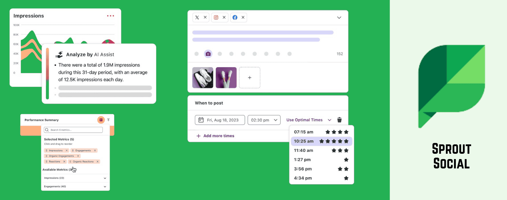 Logo and dashboard image of one of the best social media automation tools Sprout Social.