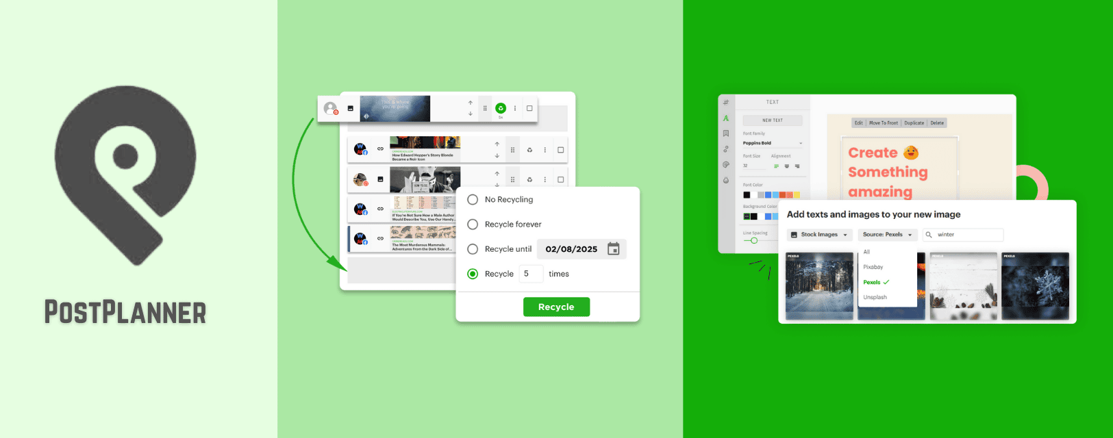 Postplanner logo, and interface of scheduling and posting.