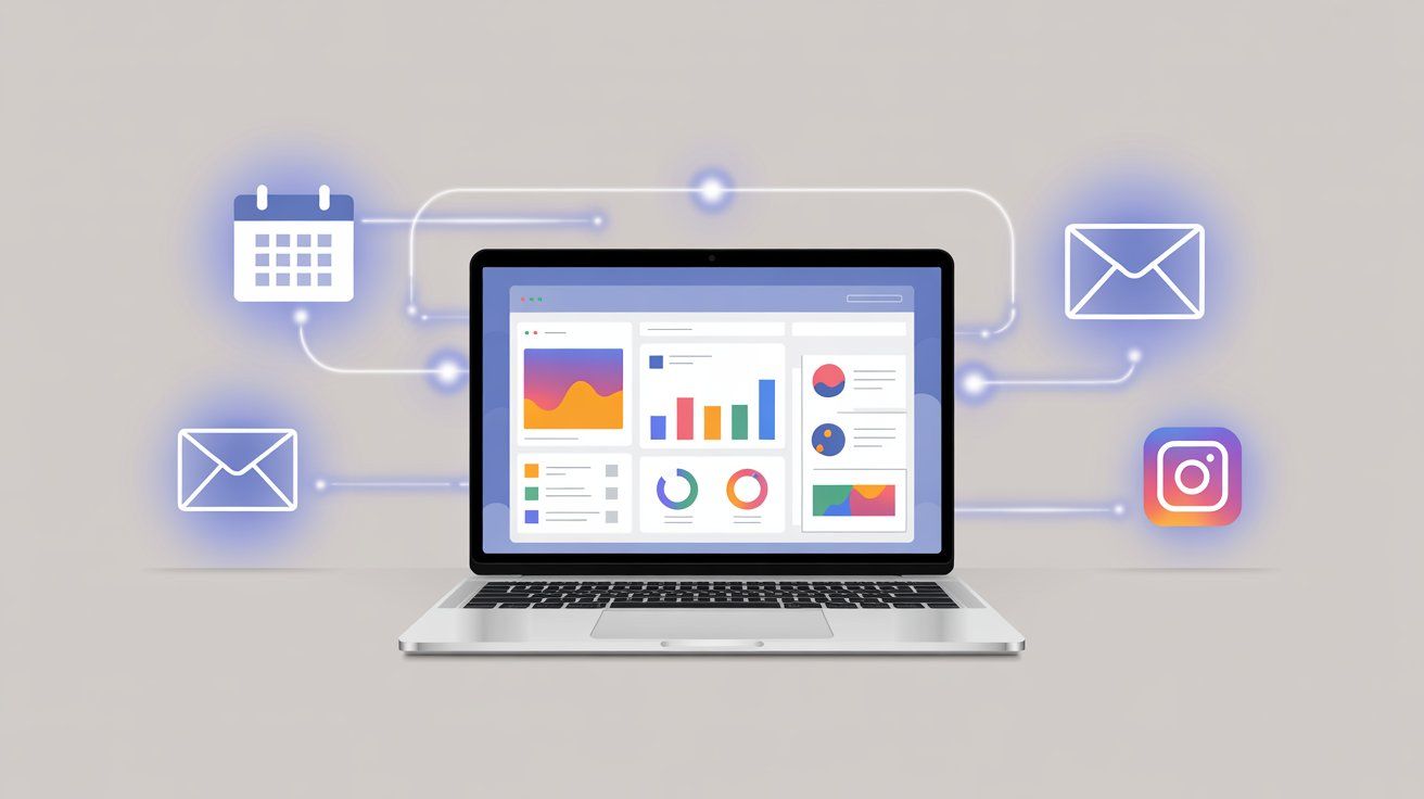 A laptop in the middle with a social media automation tools' dashboard in the screen.