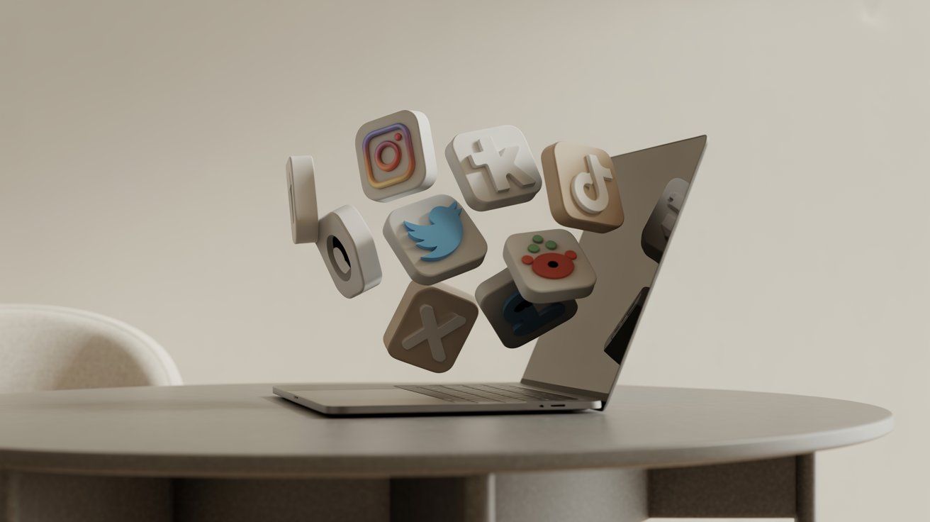 Image of some social media icons popping out of a laptop.
