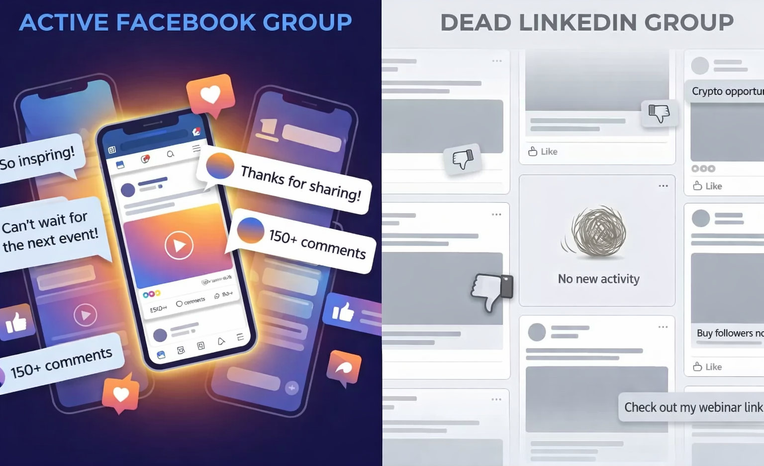 Facebook Groups are the undisputed winner for lead generation, offering superior algorithmic reach and massive daily engagement.
