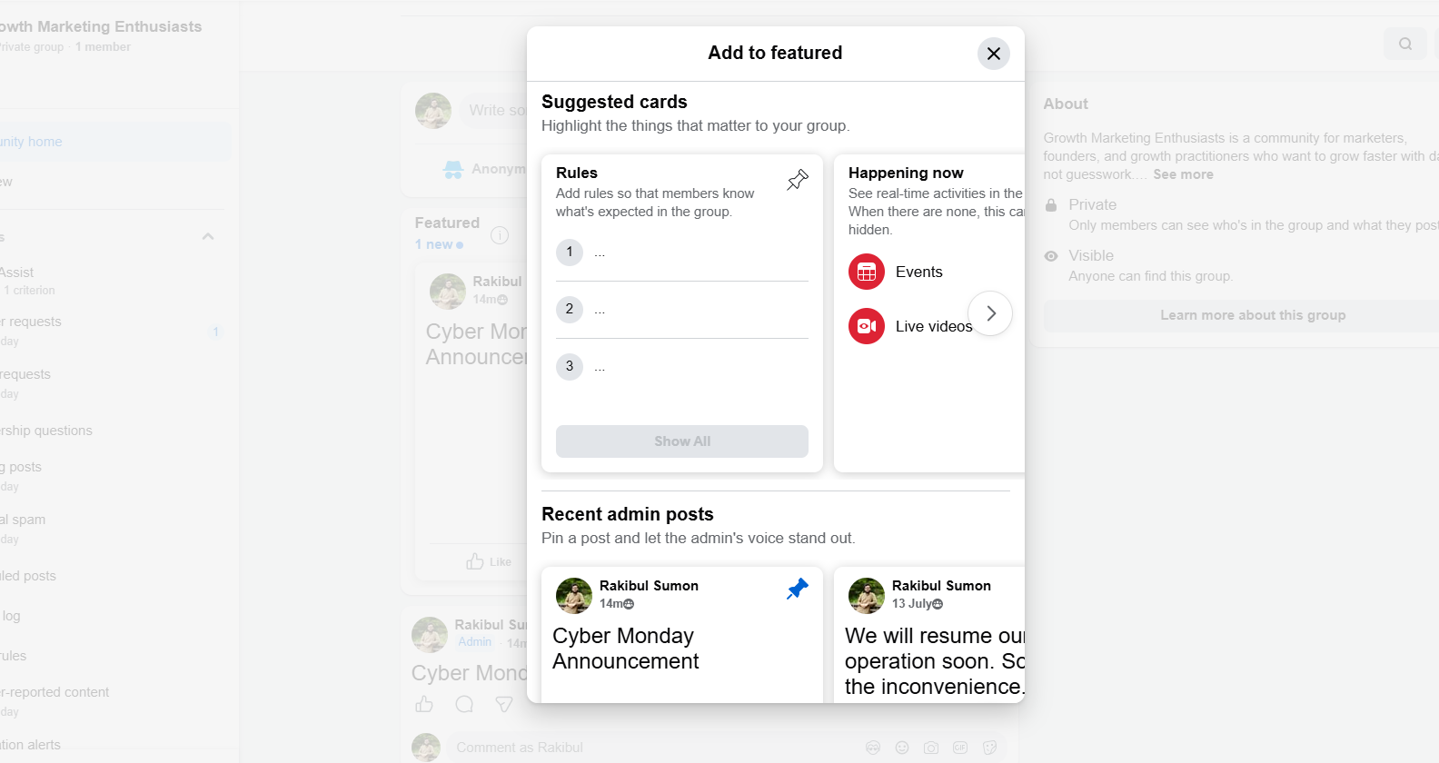 Facebook shows Suggested cards and your recent admin posts.