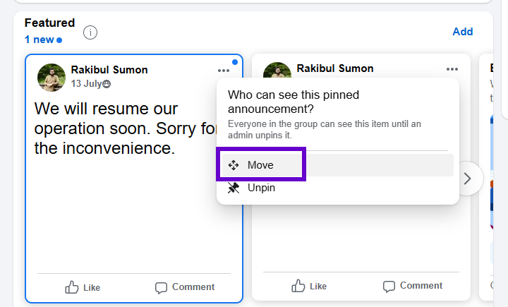Move lets you drag the item to any spot in the Featured strip.