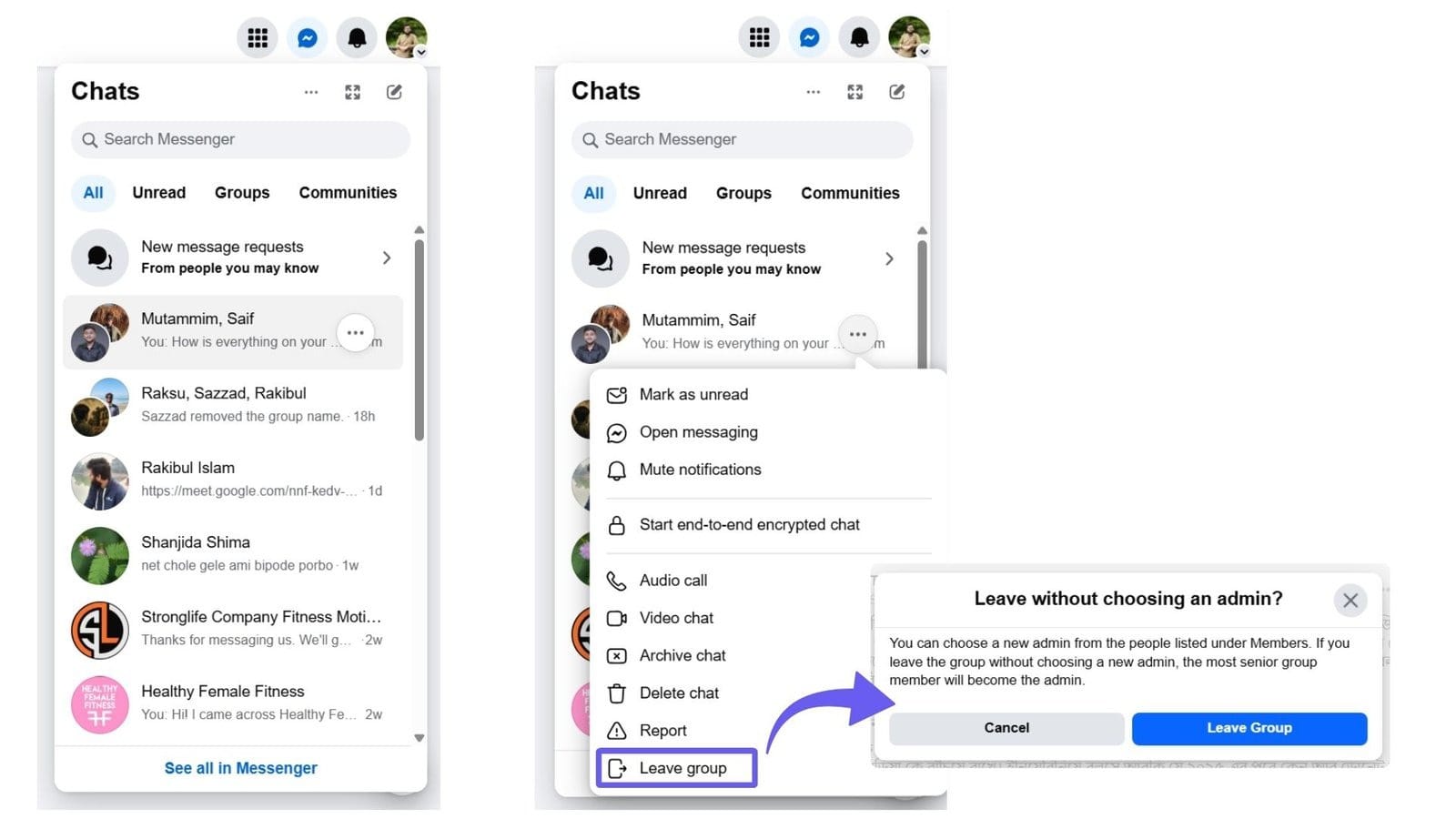 Leaving actually takes you out. According to Meta's Help Center, the other people are notified that you left, and you stop receiving messages. You can only leave group chats, not one-to-one ones.