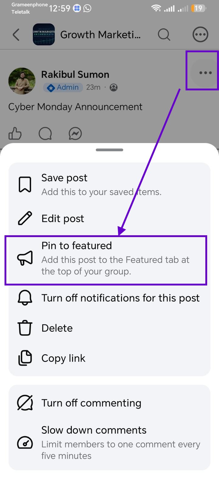 Open the group in the Mobile Facebook app and tap the post you want, or create and publish it first.