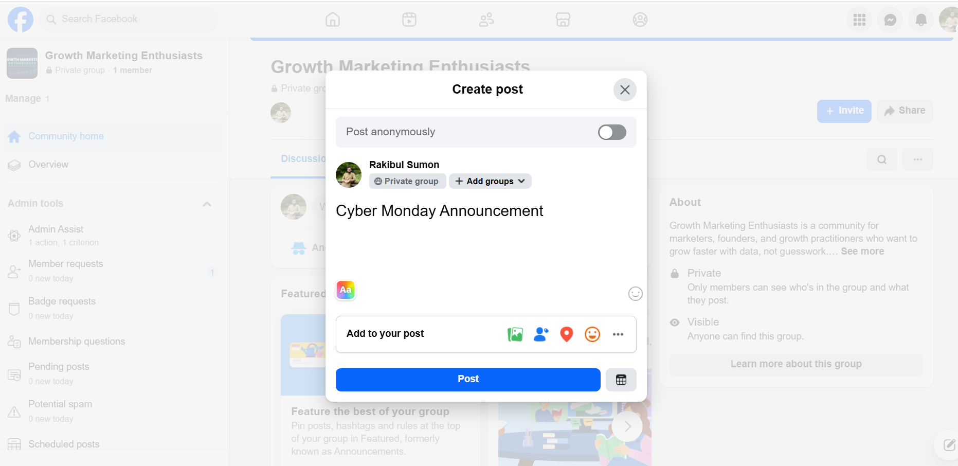 Open your group at facebook.com/groups, then find the post you want at the top, or write a new one and publish it first.