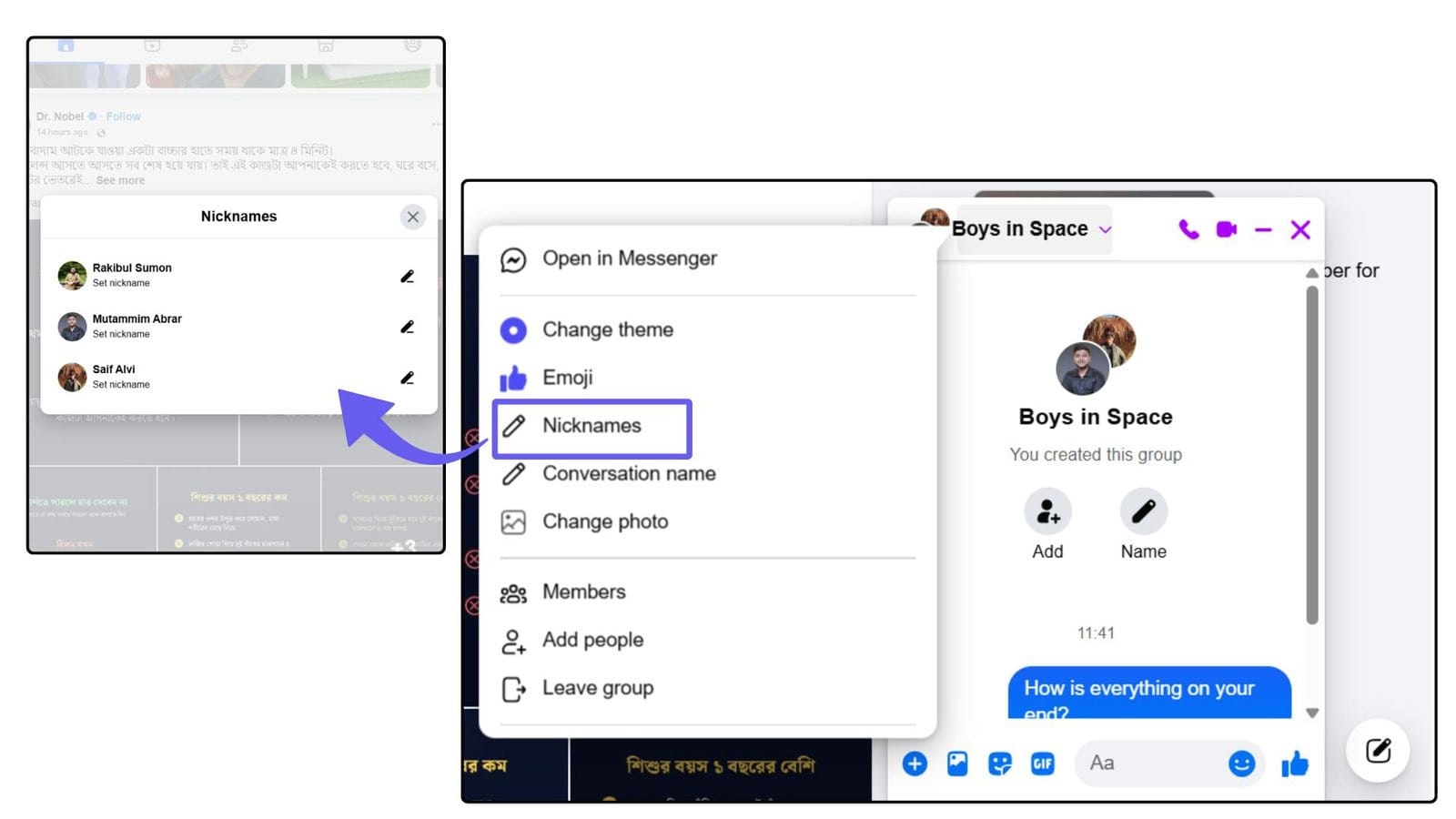 Nicknames are different. A nickname changes how one person shows up inside this chat only, and it does not touch their real name anywhere else.