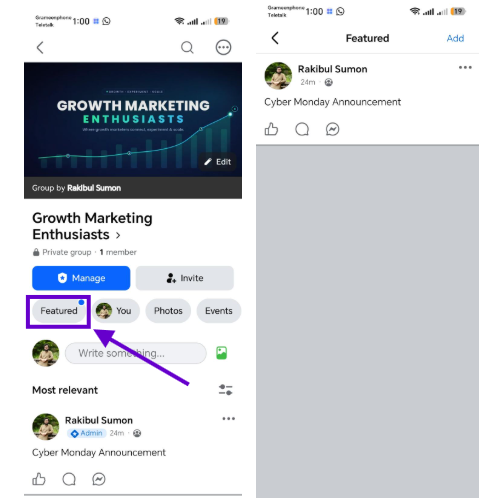 e post appears in the Featured section at the top of the group. To see it, tap “Pin to Featured.”