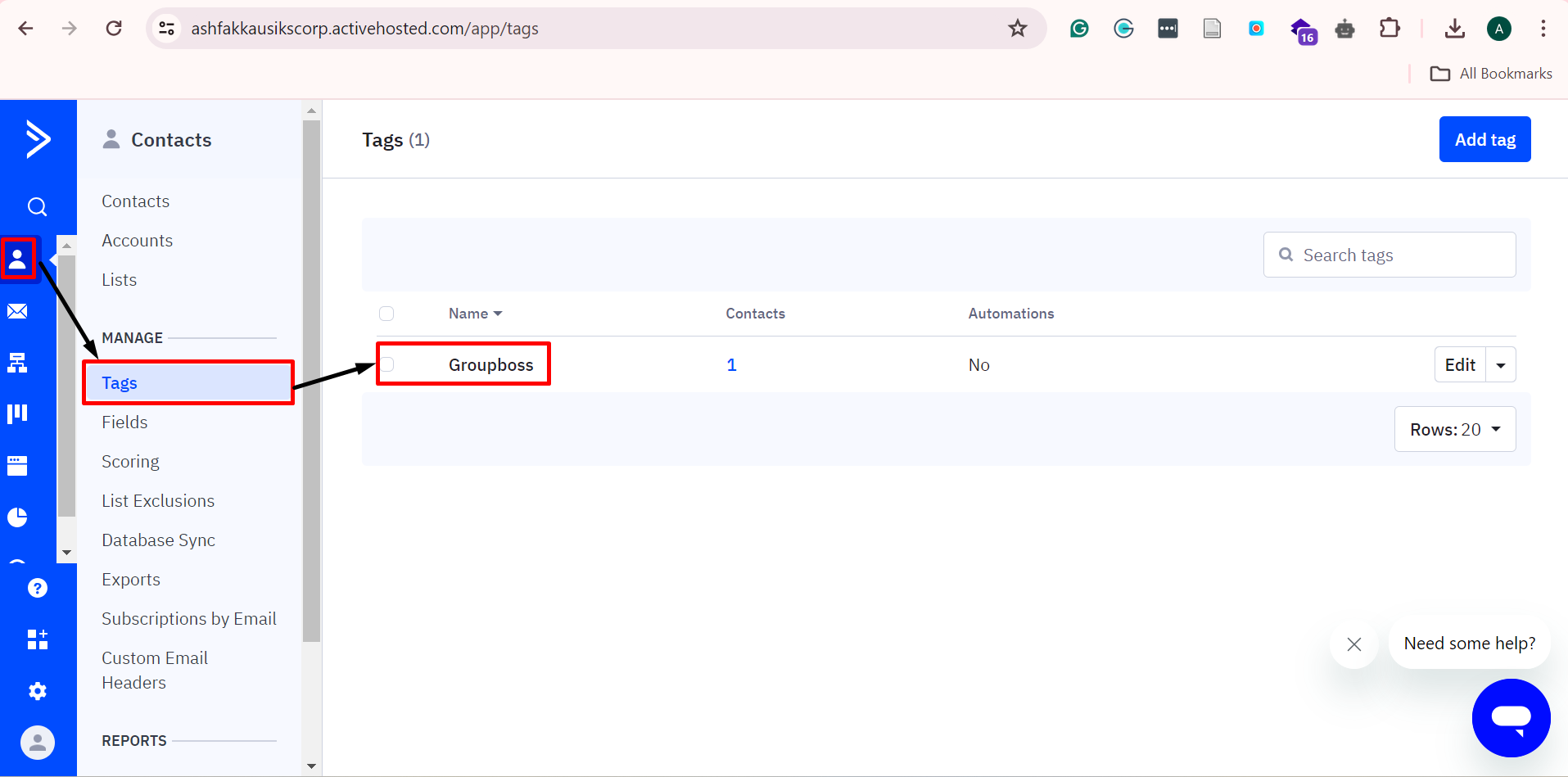 Get Tag name to finalize the ActiveCampaign integration with Groupboss.