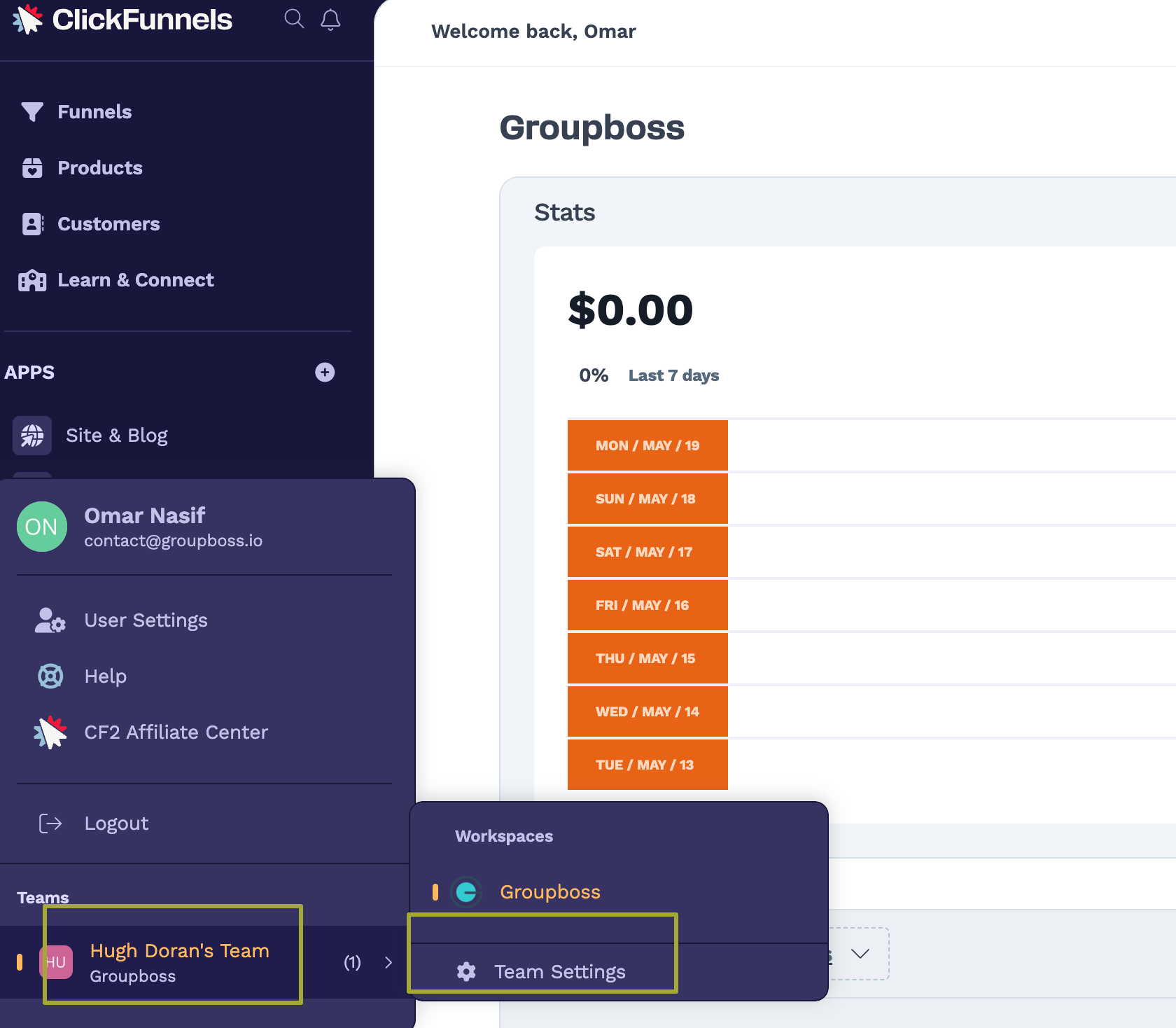 Team settings in ClickFunnels
