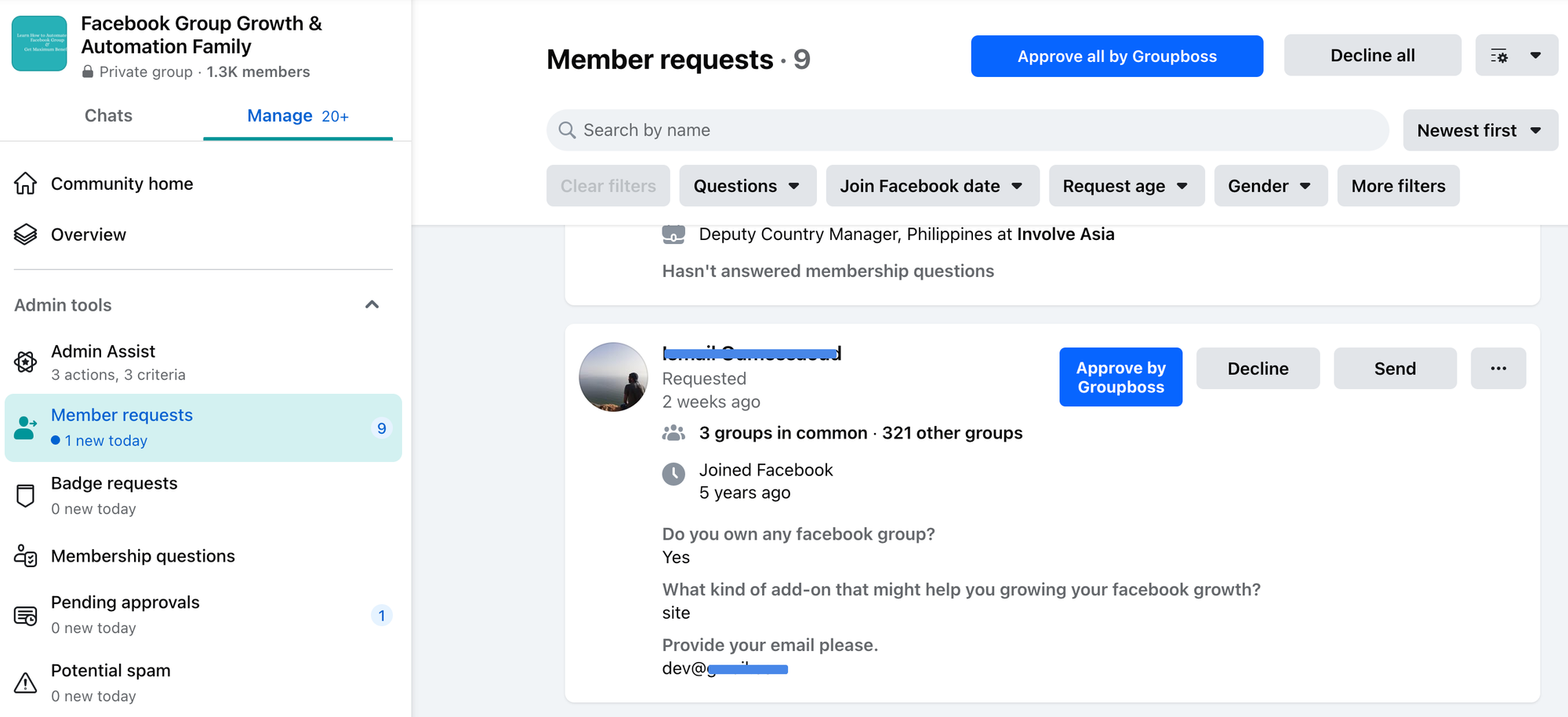 Member request page in Facebook group