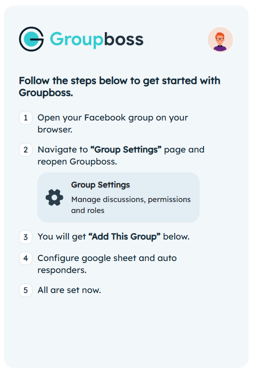 the guidelines to configure your Facebook group with Groupboss chrome extension
